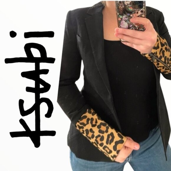 KSUBI Black Blazer Jacket Cotton lined Leather Leopard Cuff double breasted Sm - Picture 1 of 7